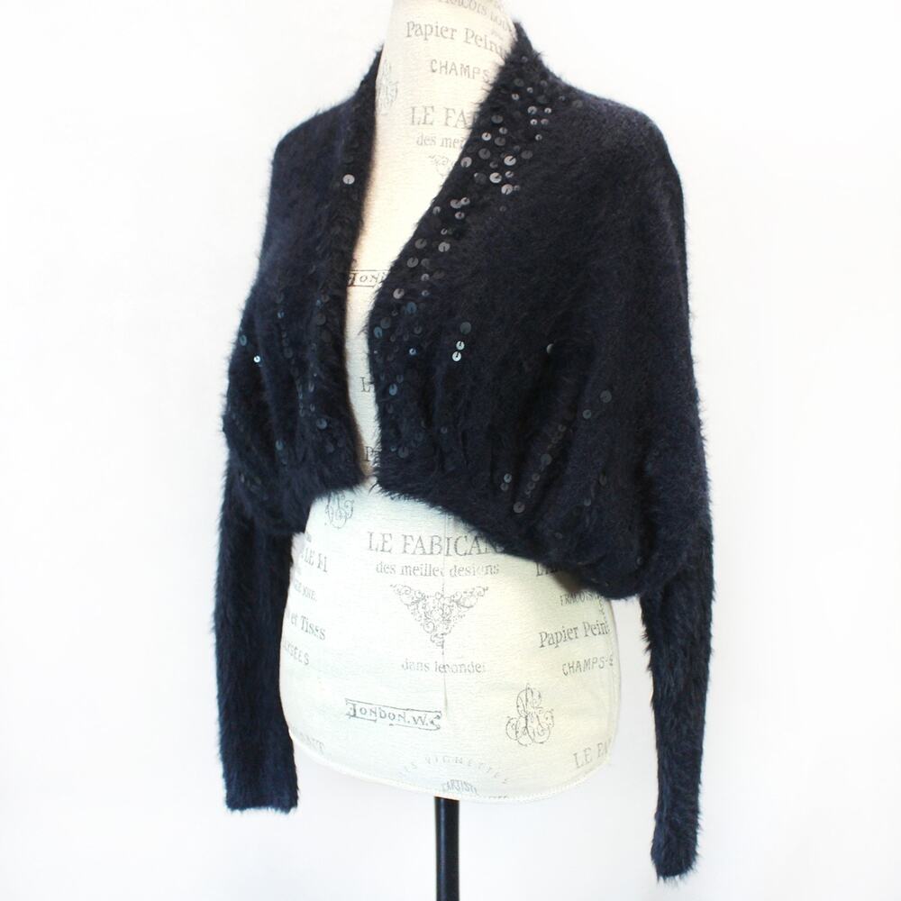 Knitted Knitted Blush Wool Blend Sweater Short Cardigan Open Front Sequin Small